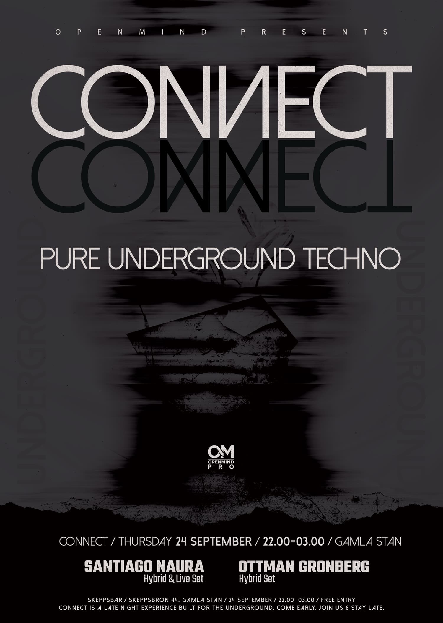 Connect: pure underground techno. Thursday 24 September 2026, 22:00 to 03:00, Skeppsbar, Skeppsbron 44, Gamla Stan, Stockholm.